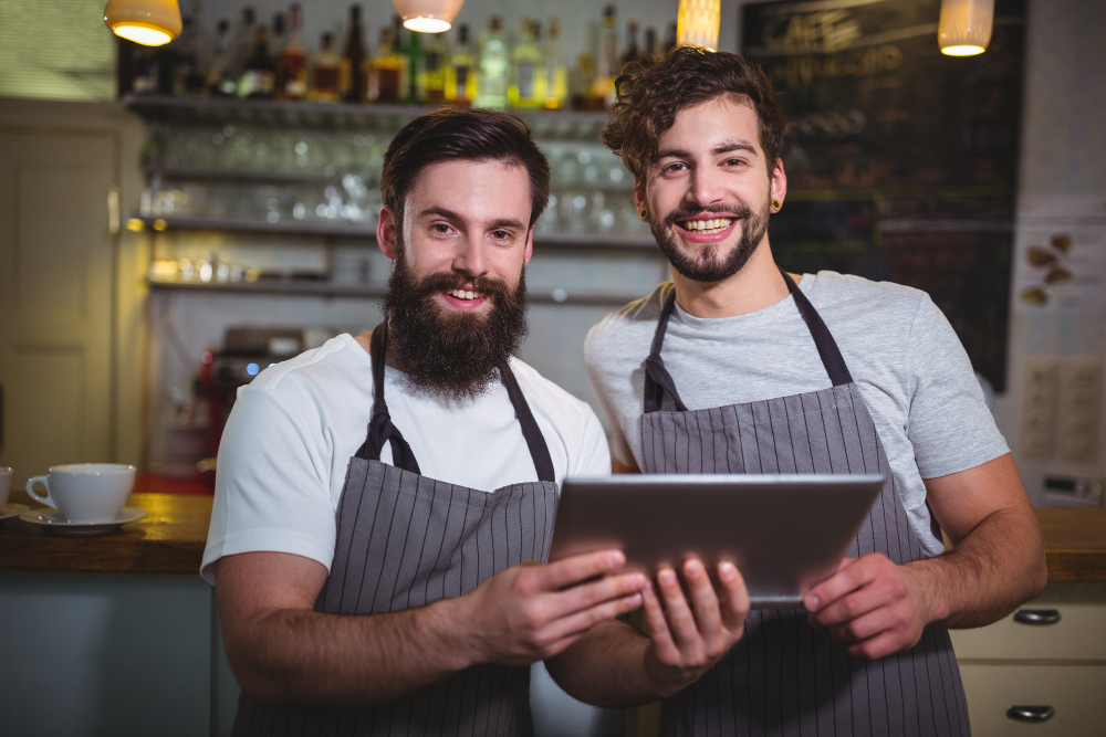 Two franchise restaurant operators reviewing numbers on a tablet behind the counter